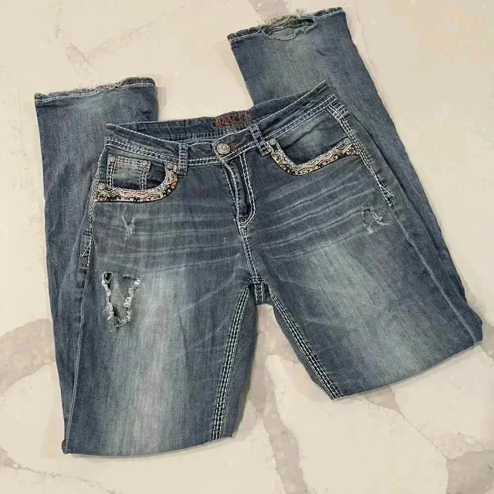 Grace in LA Bootcut Jeans Western Embroidered Rhinestone Distressed Women's 29 - Picture 3 of 10